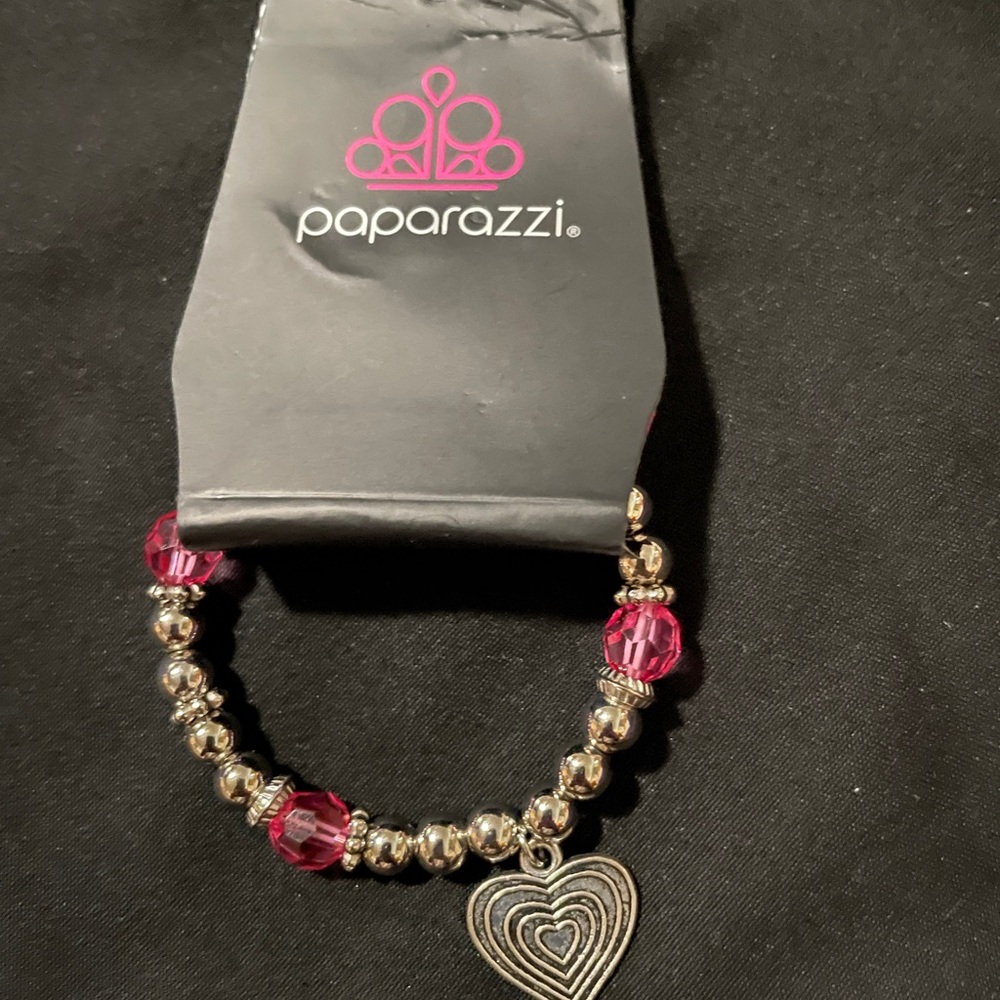 Paparazzi Fuchsia and Silver Beaded Heart Bracelet